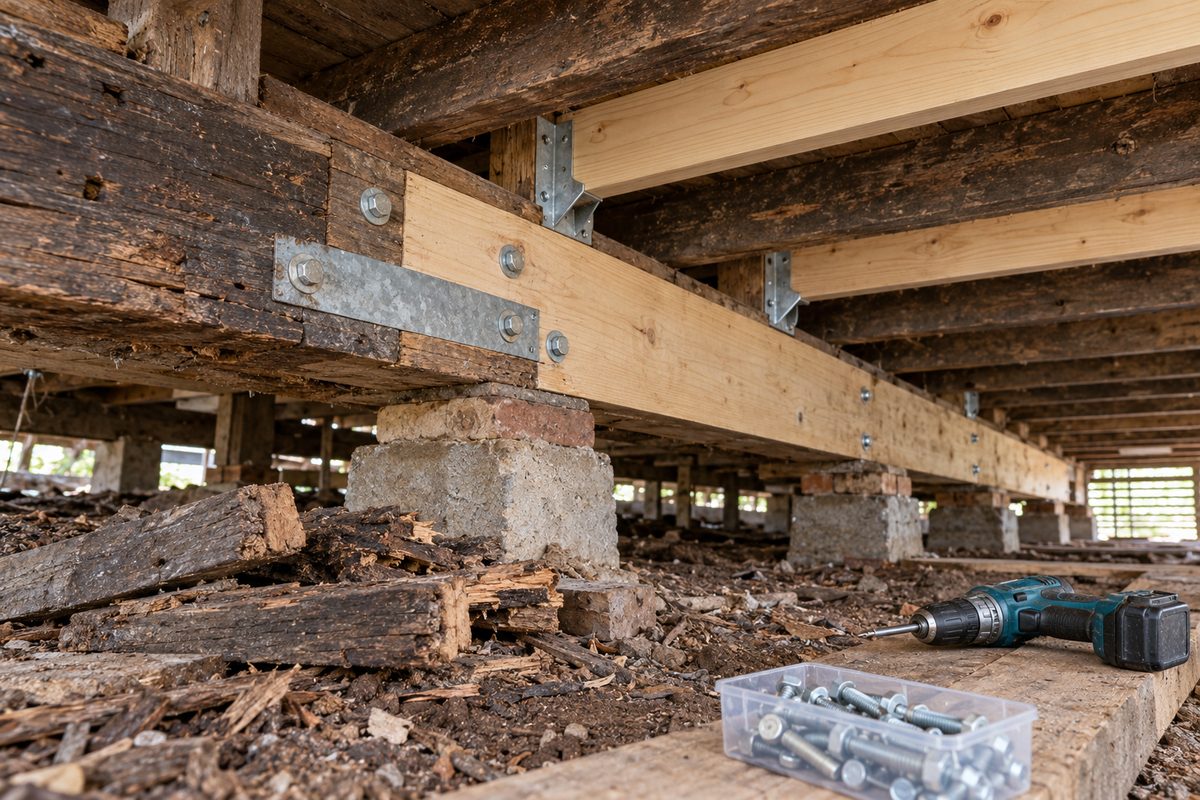New pale hardwood bearer bolted beside the aged one with a steel strap, two new joists hung on galvanised hangers, rotted offcuts stacked on the ground, a cordless drill and an open box of bolts under the floor.