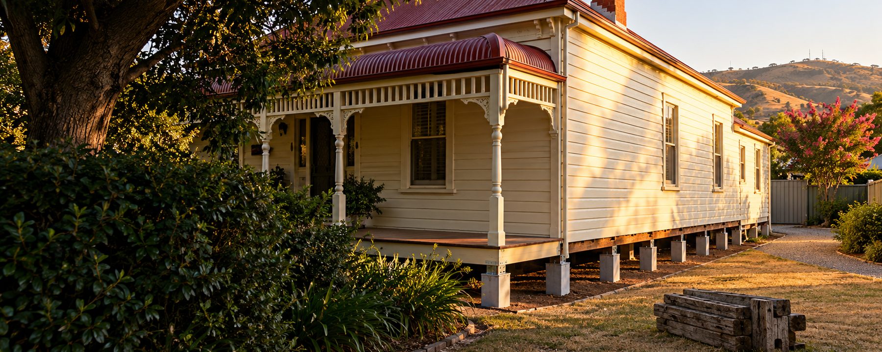 A Federation weatherboard cottage in central Albury, cream boards, dark red iron roof and bullnose verandah, new concrete stumps along the side, old grey stumps on the lawn and dry hills behind