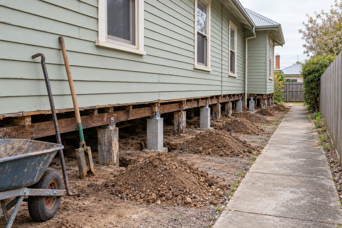 Side view of a pale green weatherboard house in Wodonga mid reblocking, baseboards removed, alternating new concrete stumps and a few old timber stumps along the wall, neat spoil piles, a wheelbarrow, crowbar and post hole shovel on the concrete side path under overcast light