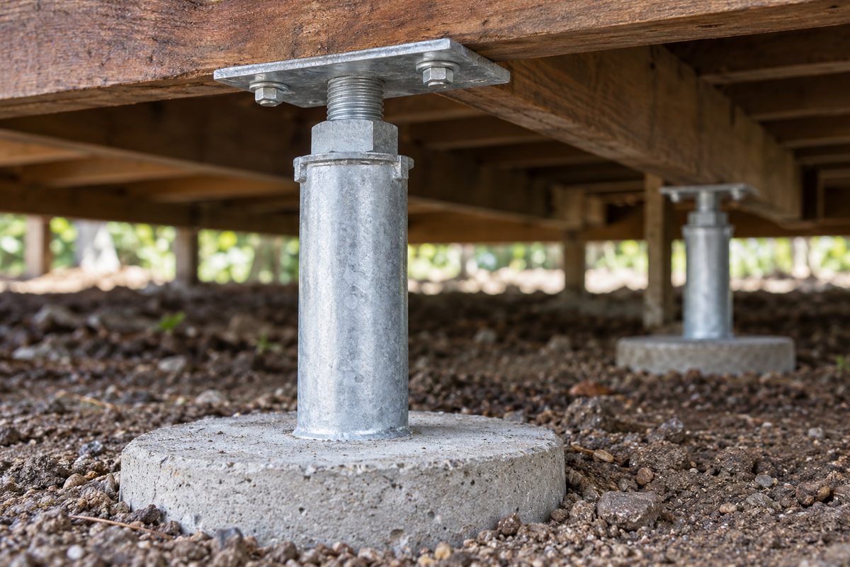 Close detail of an adjustable galvanised steel stump standing on a concrete pad footing, with a threaded adjustable head and a top plate coach-screwed to a hardwood bearer above it.