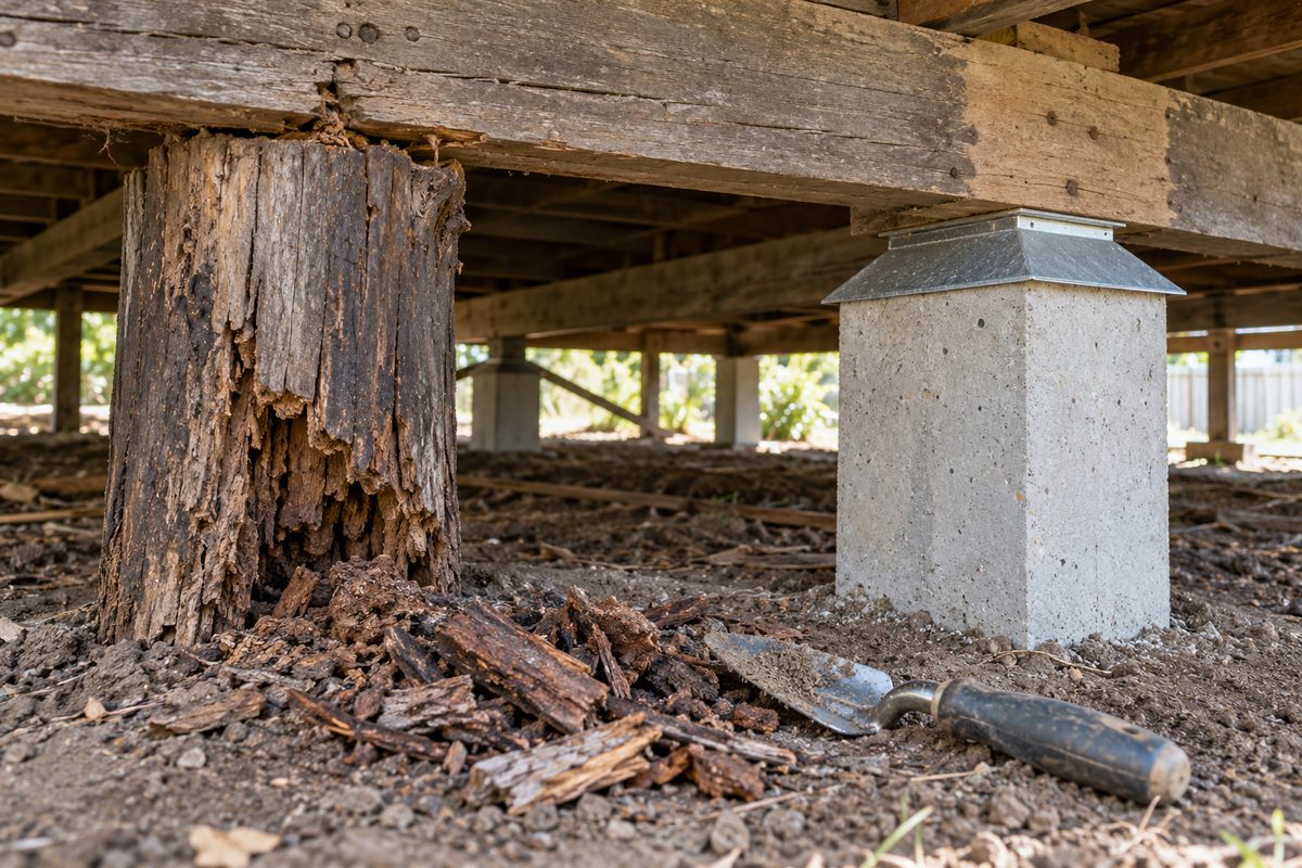 An old red gum stump rotted through at ground level with termite galleries, standing beside a new concrete stump with a galvanised ant cap carrying the same hardwood bearer, a hand trowel and fragments of rotten wood on the ground between them