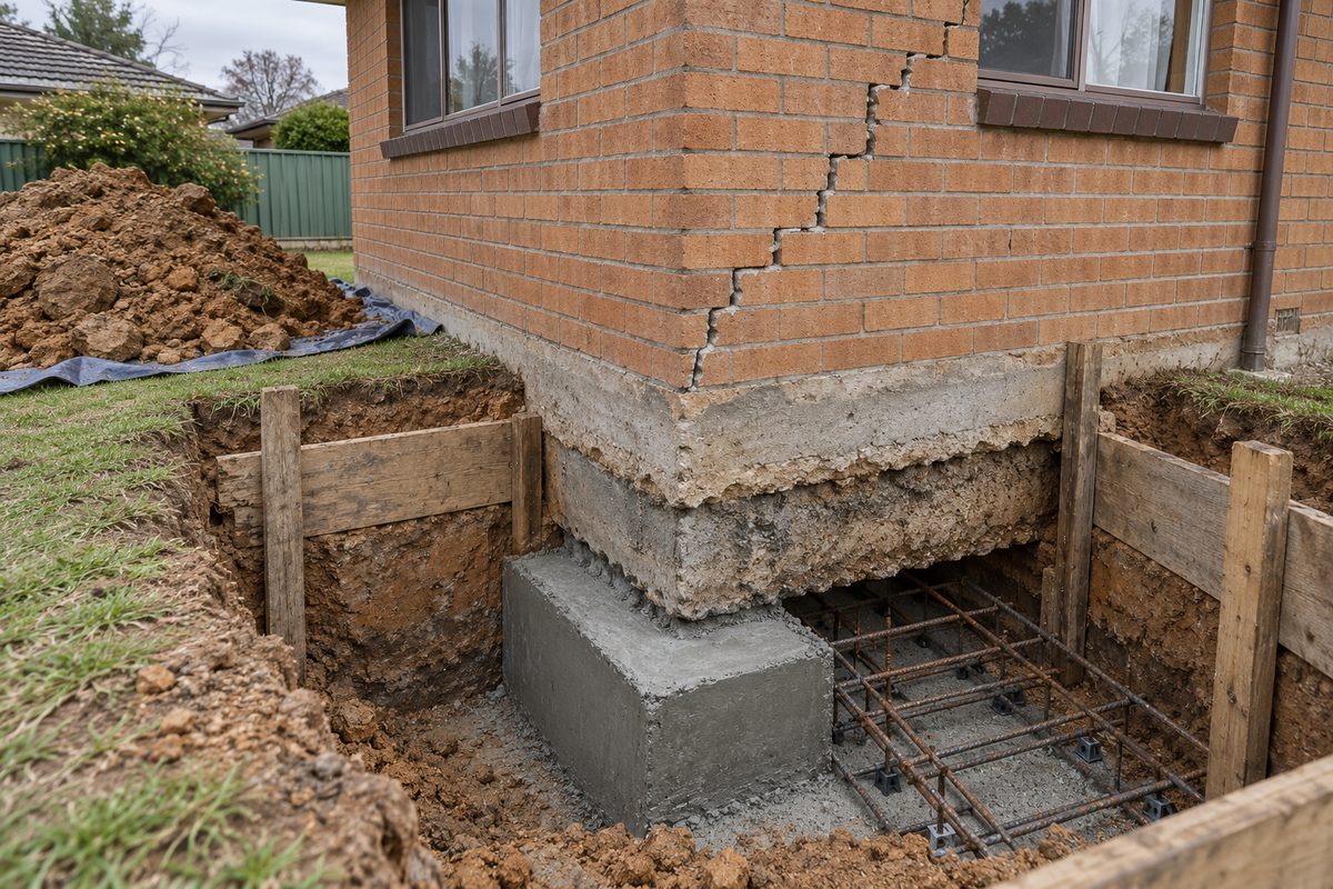 Outside corner of a 1970s brick veneer house in Albury, a one metre pit exposing the strip footing, a mass concrete underpin pad poured in one section and reinforcing in the next, timber shoring, a stepped crack in the orange-brown brickwork, clay on a tarp.